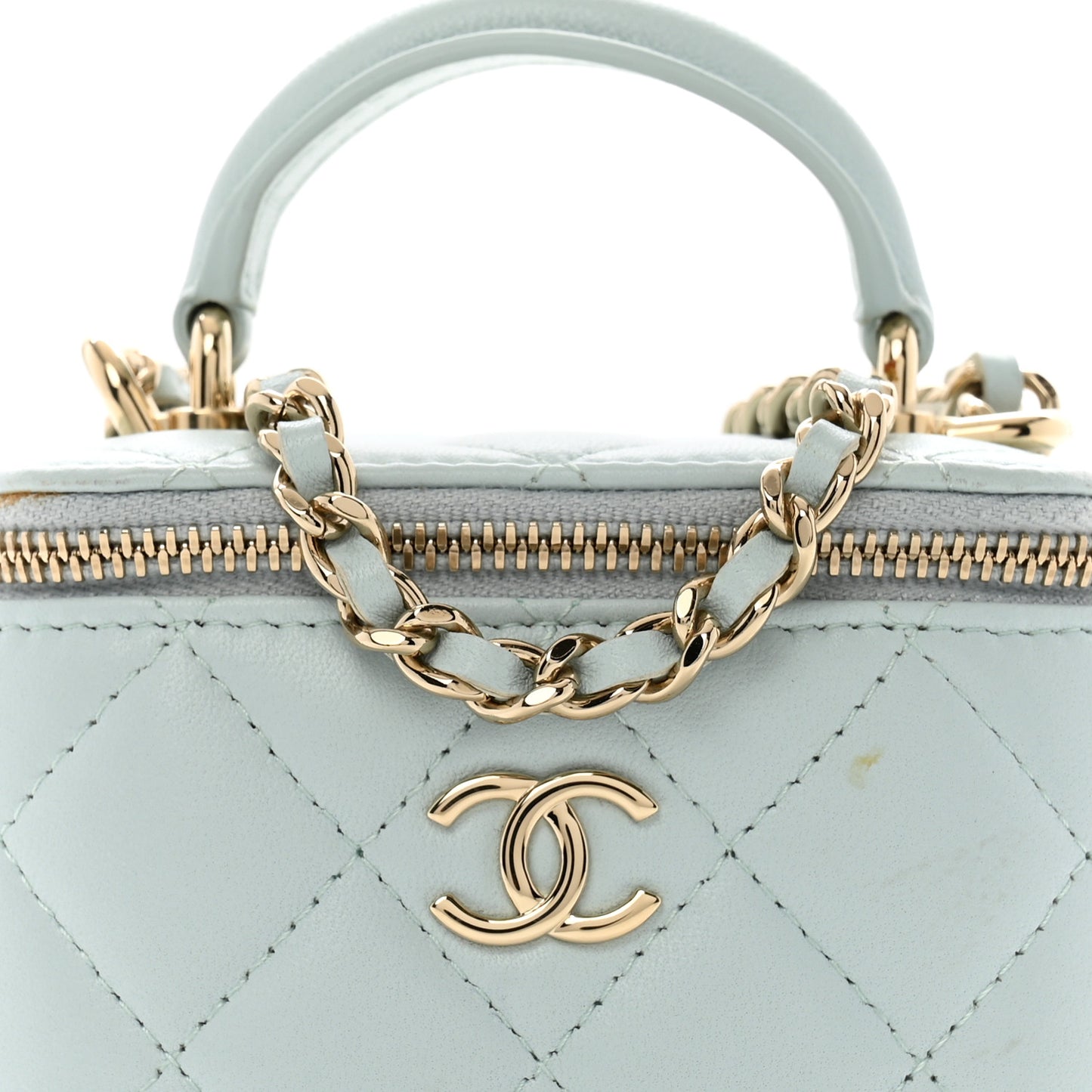 Lambskin Quilted Top Handle Mini Vanity Case With Chain Light Blue