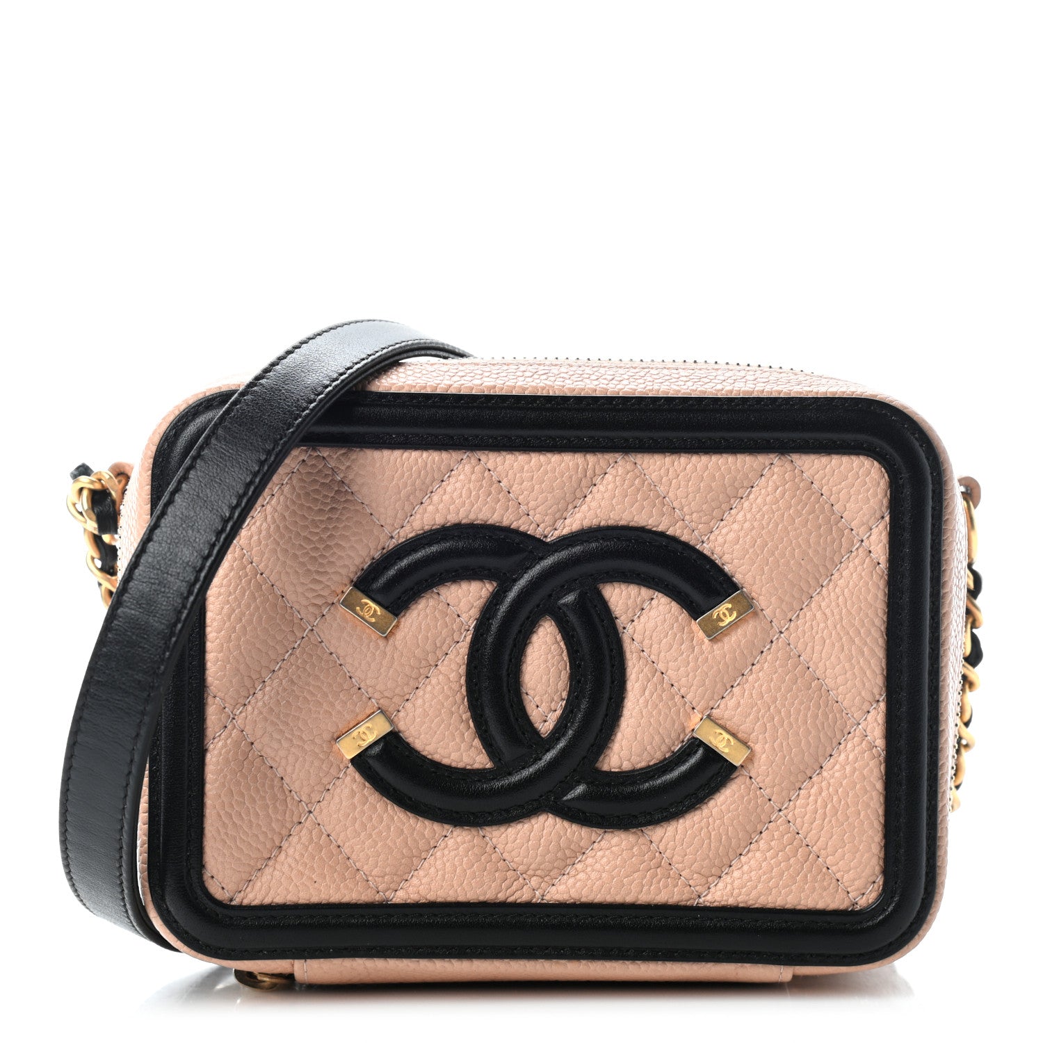 Chanel Caviar Quilted CC Filigree Vanity Clutch With Chain Beige Black 1 of 9