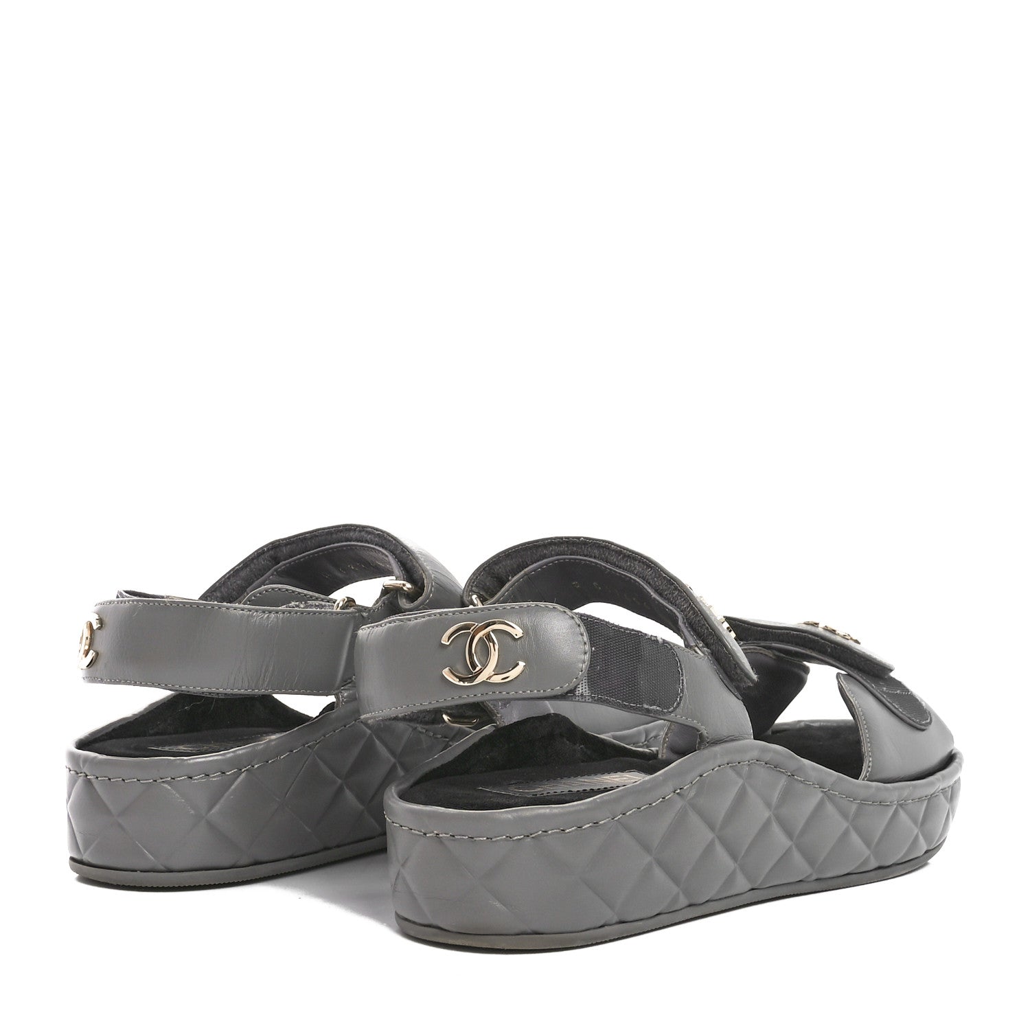 Chanel Shiny Calfskin Logo Platform Sandals 38 Grey 1687845