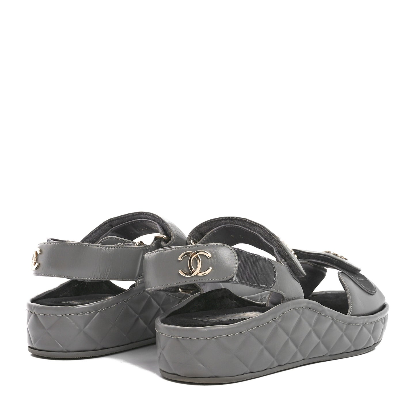 Shiny Calfskin Logo Platform Sandals 38 Grey