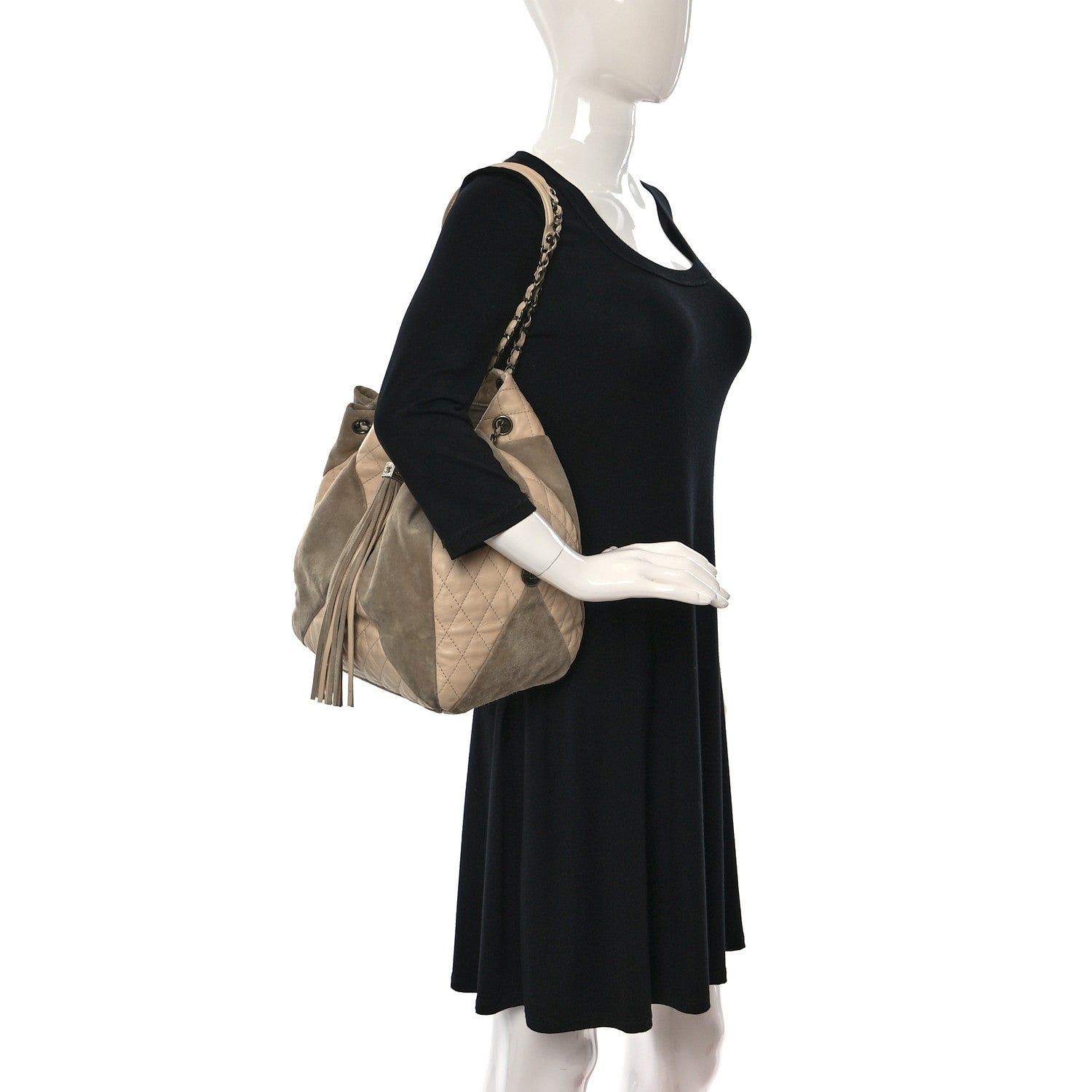 Chanel Calfskin Suede Quilted Patchwork Drawstring Bag Beige 2 of 17