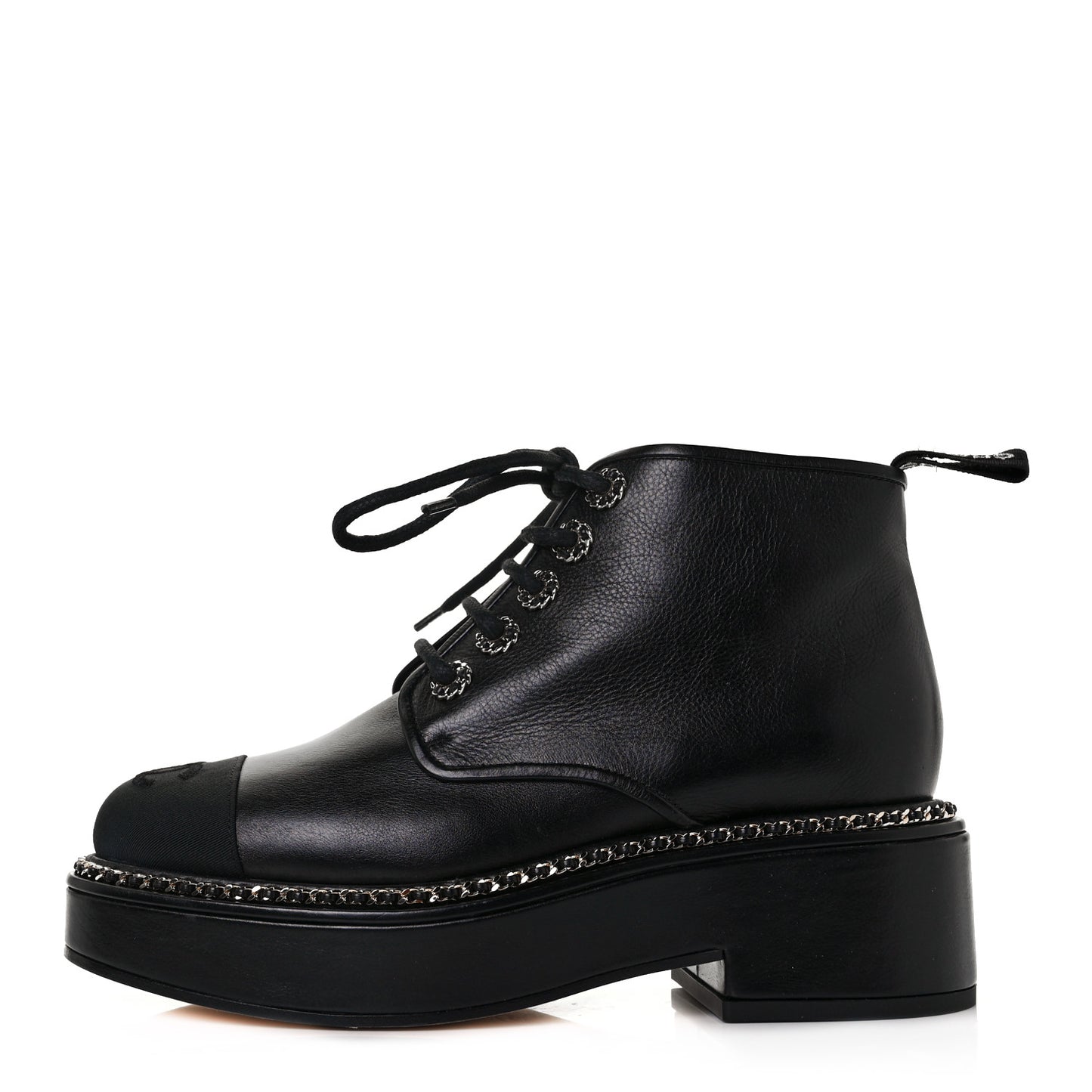 Calfskin Grosgrain Chain Lace Up CC Short Boots 37 Black