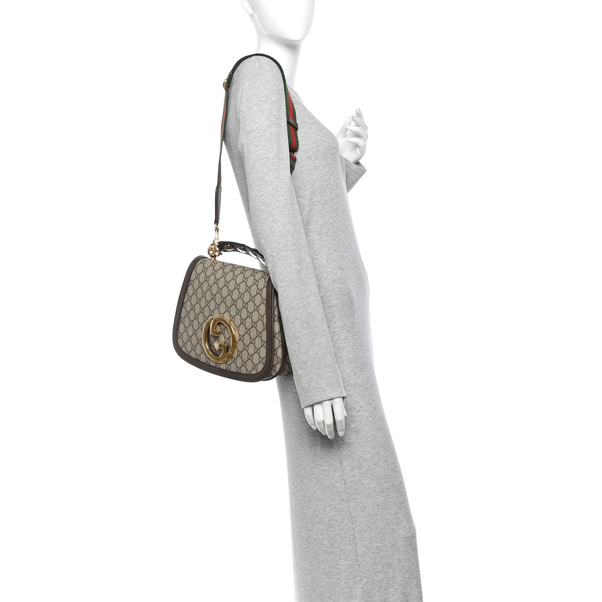 Gucci GG Supreme Monogram Textured Dollar Calfskin Web Medium Blondie Top Handle Shoulder Flap Bag Beige Ebony New Acero 2 of 10