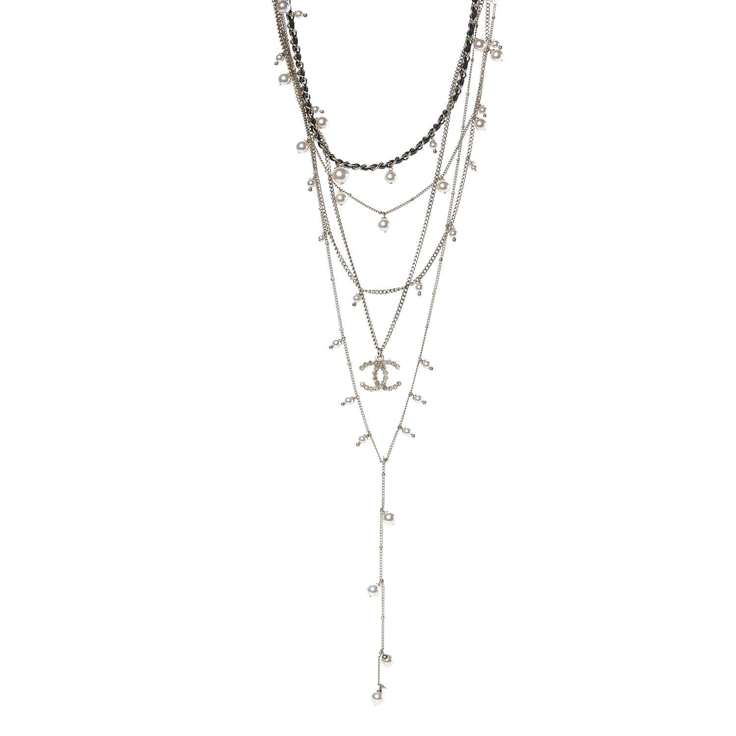 Lambskin Crystal Pearl Chain Necklace Black Gold