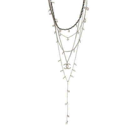 Chanel Lambskin Crystal Pearl Chain Necklace Black Gold 1 of 6