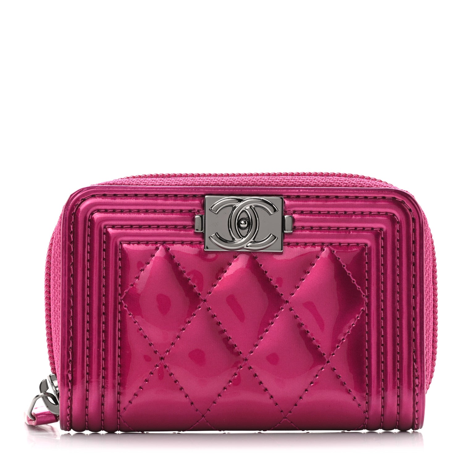 Chanel Metallic Patent Quilted Zip Around Boy Coin Purse Wallet Fuchsia 1 of 8