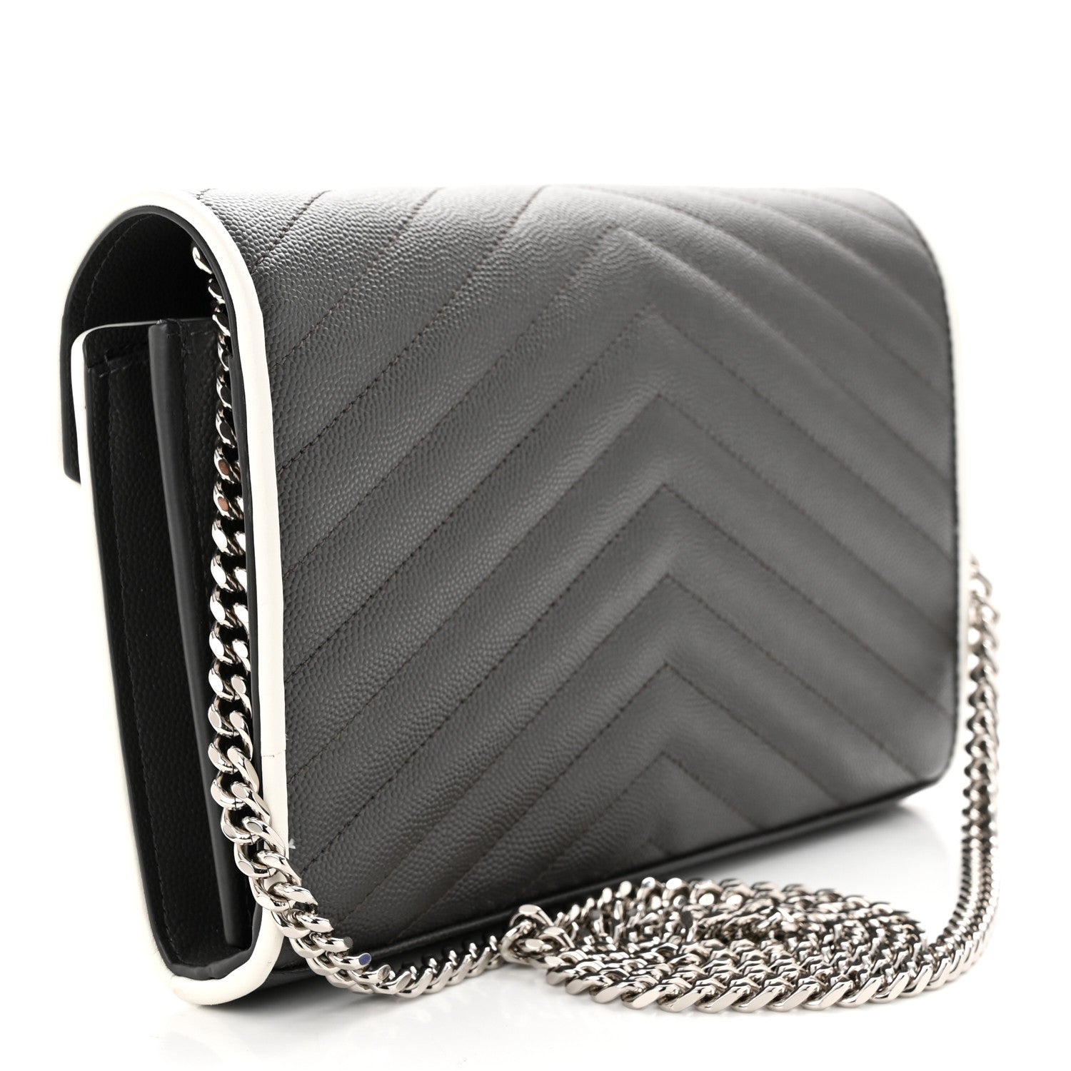 Saint Laurent Grain De Poudre Matelasse Chevron Monogram Chain Wallet Grey White 3 of 11