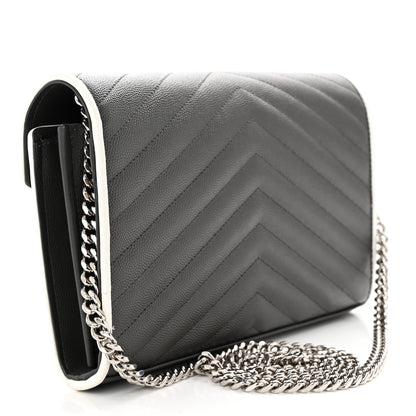 Saint Laurent Grain De Poudre Matelasse Chevron Monogram Chain Wallet Grey White 3 of 11