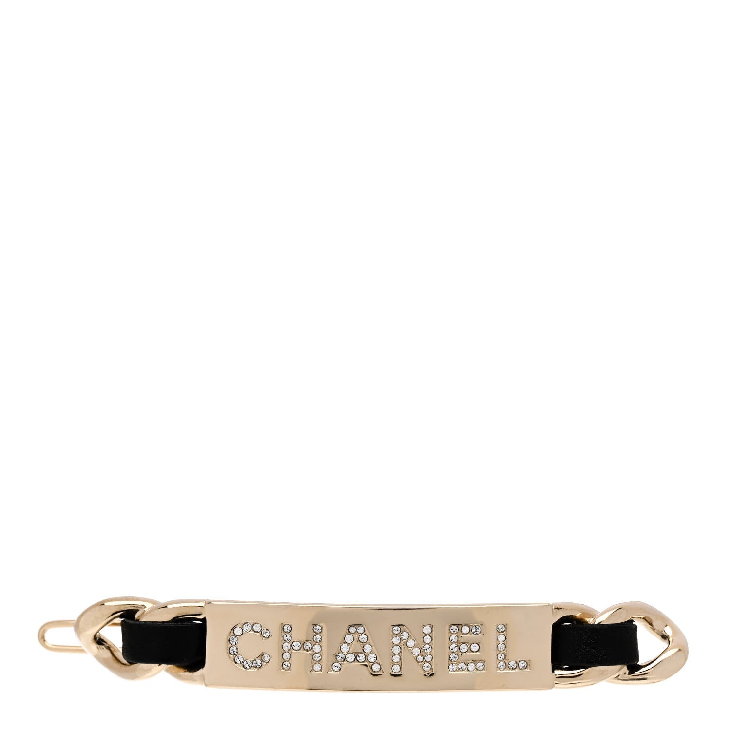 Chanel Metal Lambskin Strass Sergeant Hair Clip Barrette Black Gold 1 of 5