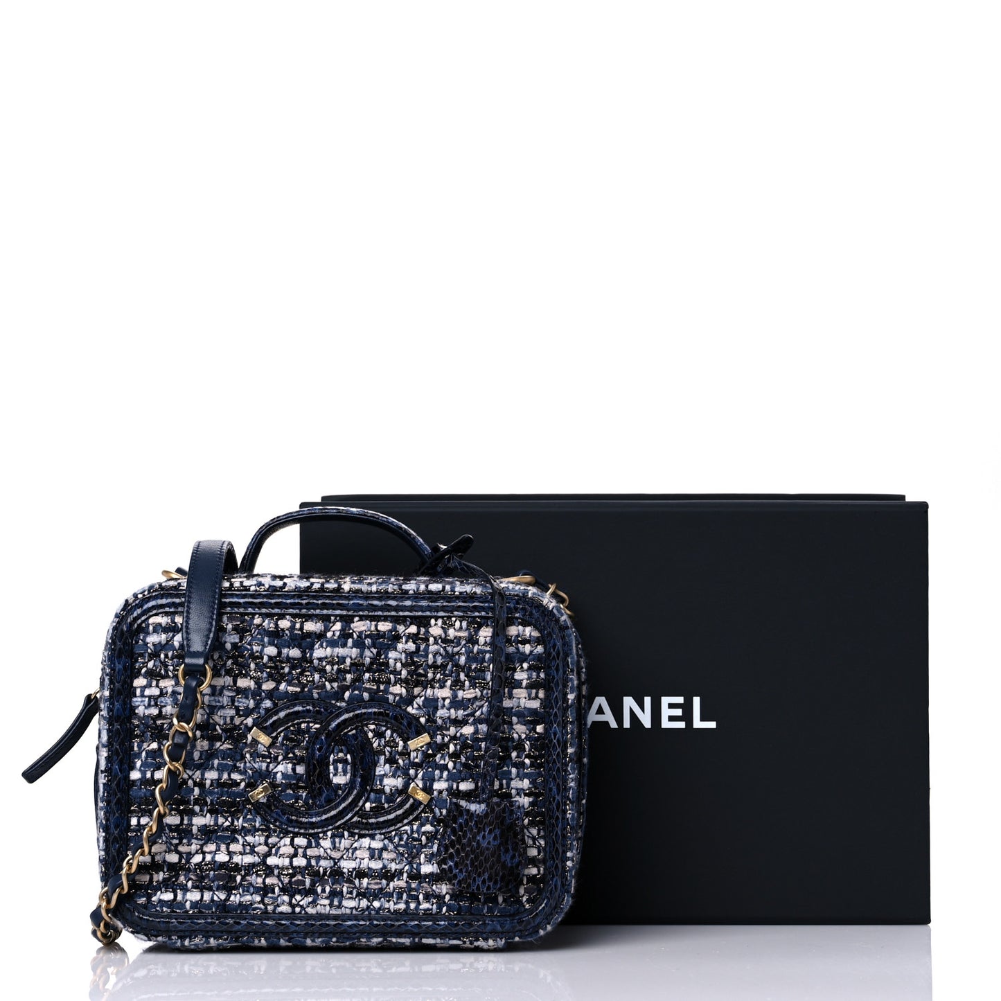 Tweed Snakeskin Quilted Medium CC Filigree Vanity Case Dark Navy