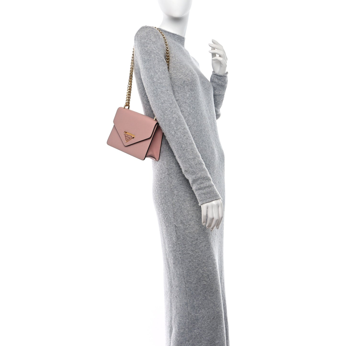 Saffiano Soft Calfskin Metal Triangle Logo Envelope Chain Shoulder Bag Orchidea