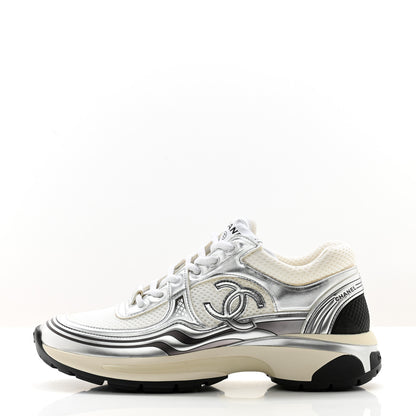 Chanel Fabric Laminated Calfskin Stretch CC Sneakers 36.5 White Silver 1 of 12