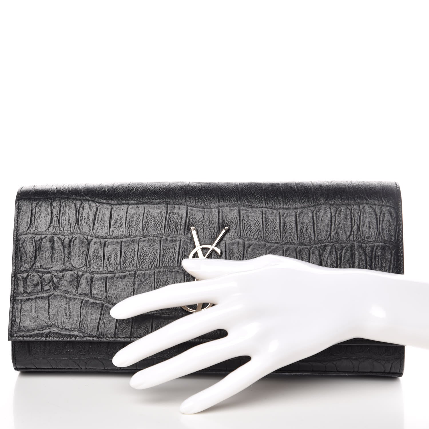 Saint Laurent Calfskin Crocodile Embossed Classic Monogram Cassandre Clutch Black 2 of 9