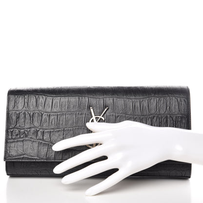 Saint Laurent Calfskin Crocodile Embossed Classic Monogram Cassandre Clutch Black 2 of 9