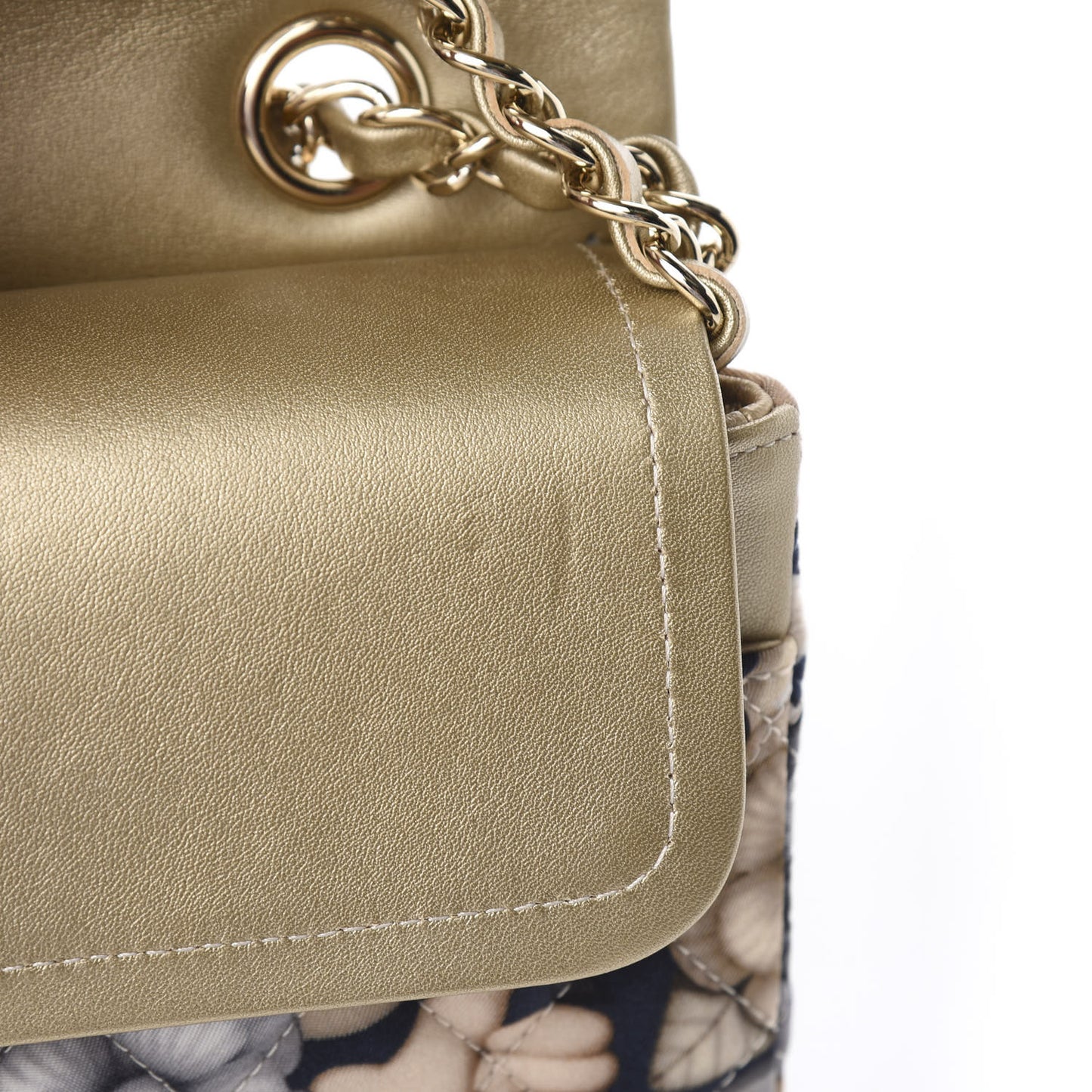Nylon Quilted Medium Cat Emoticon Double Flap Navy Gold