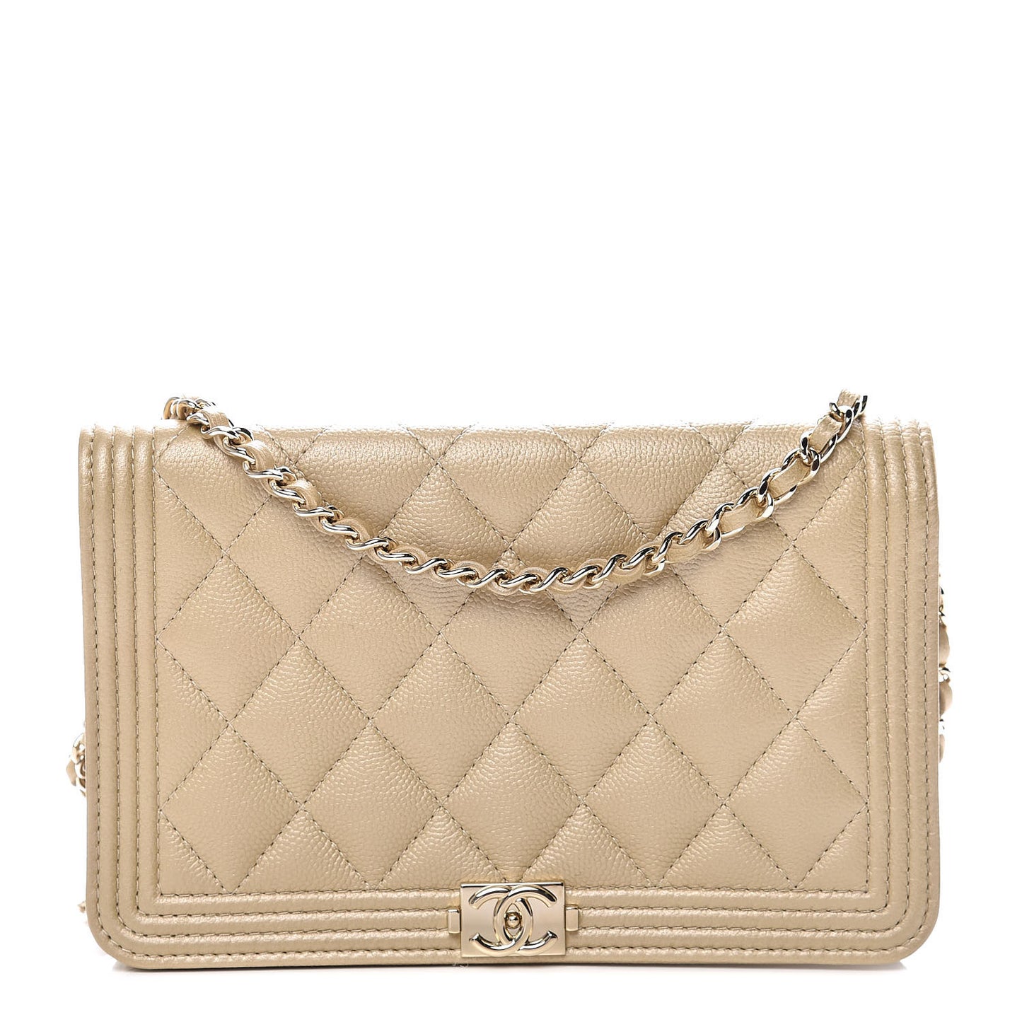 Metallic Caviar Quilted Boy Wallet On Chain WOC Light Gold