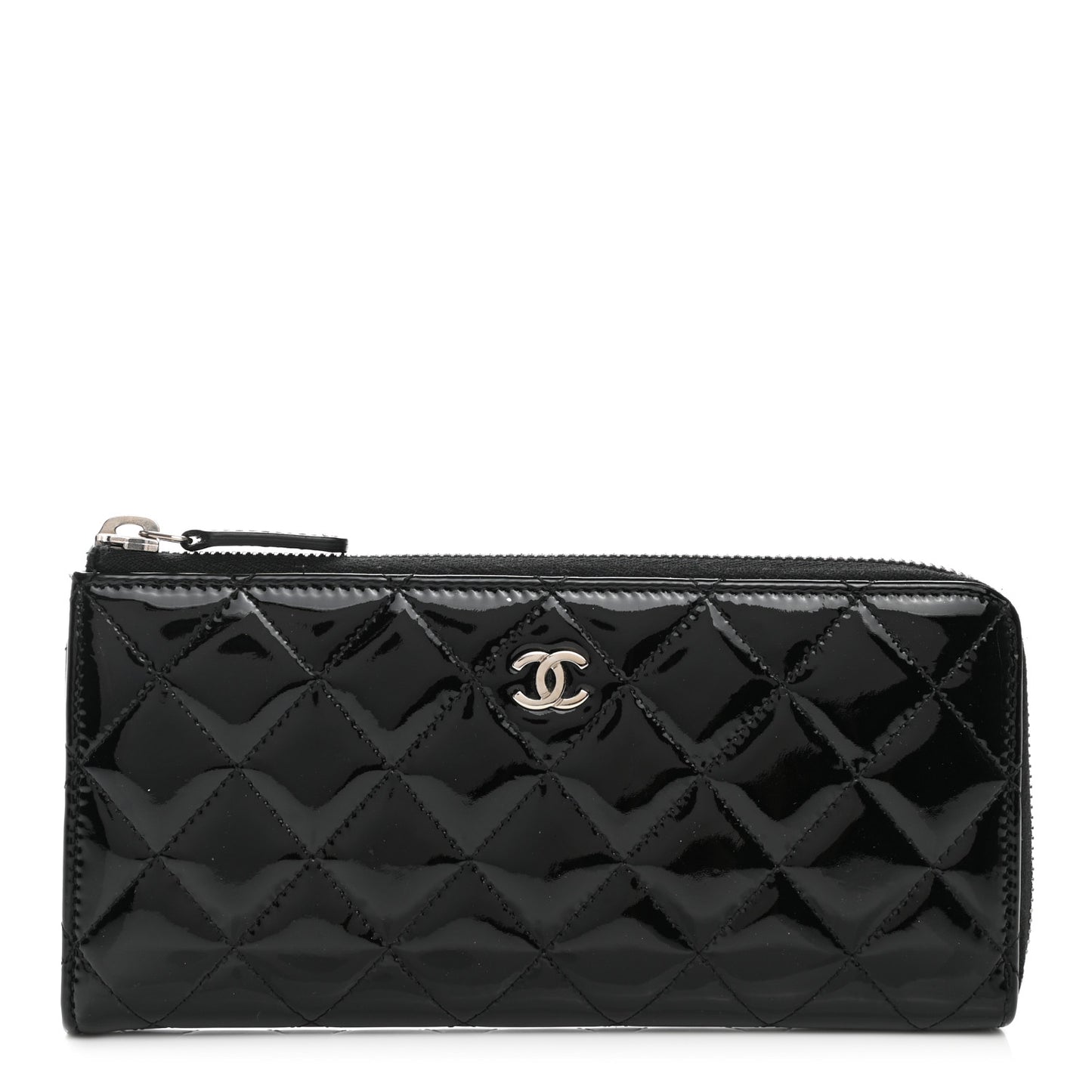 Patent Quilted Zip Around Wallet Black