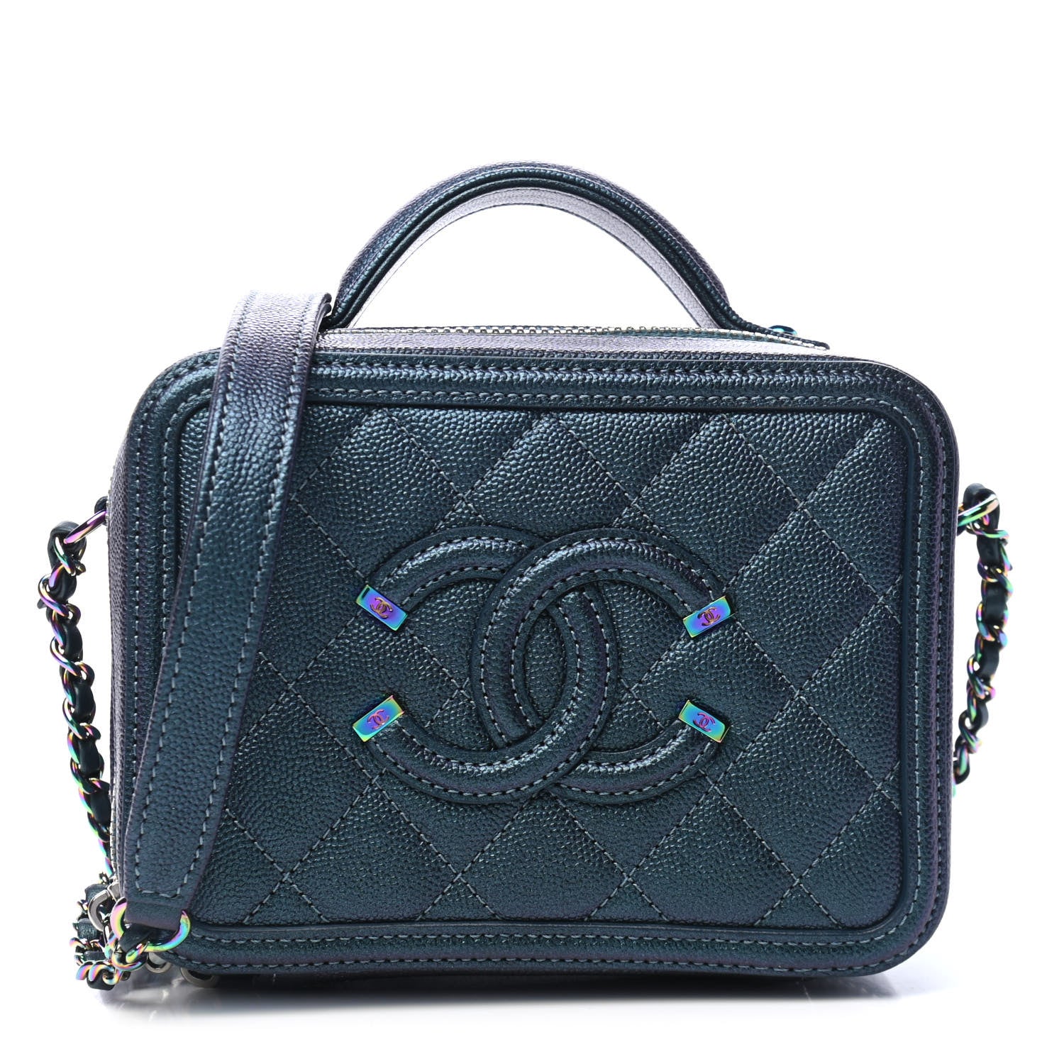 Chanel Iridescent Caviar Quilted Small CC Filigree Vanity Case Dark Turquoise 1 of 4