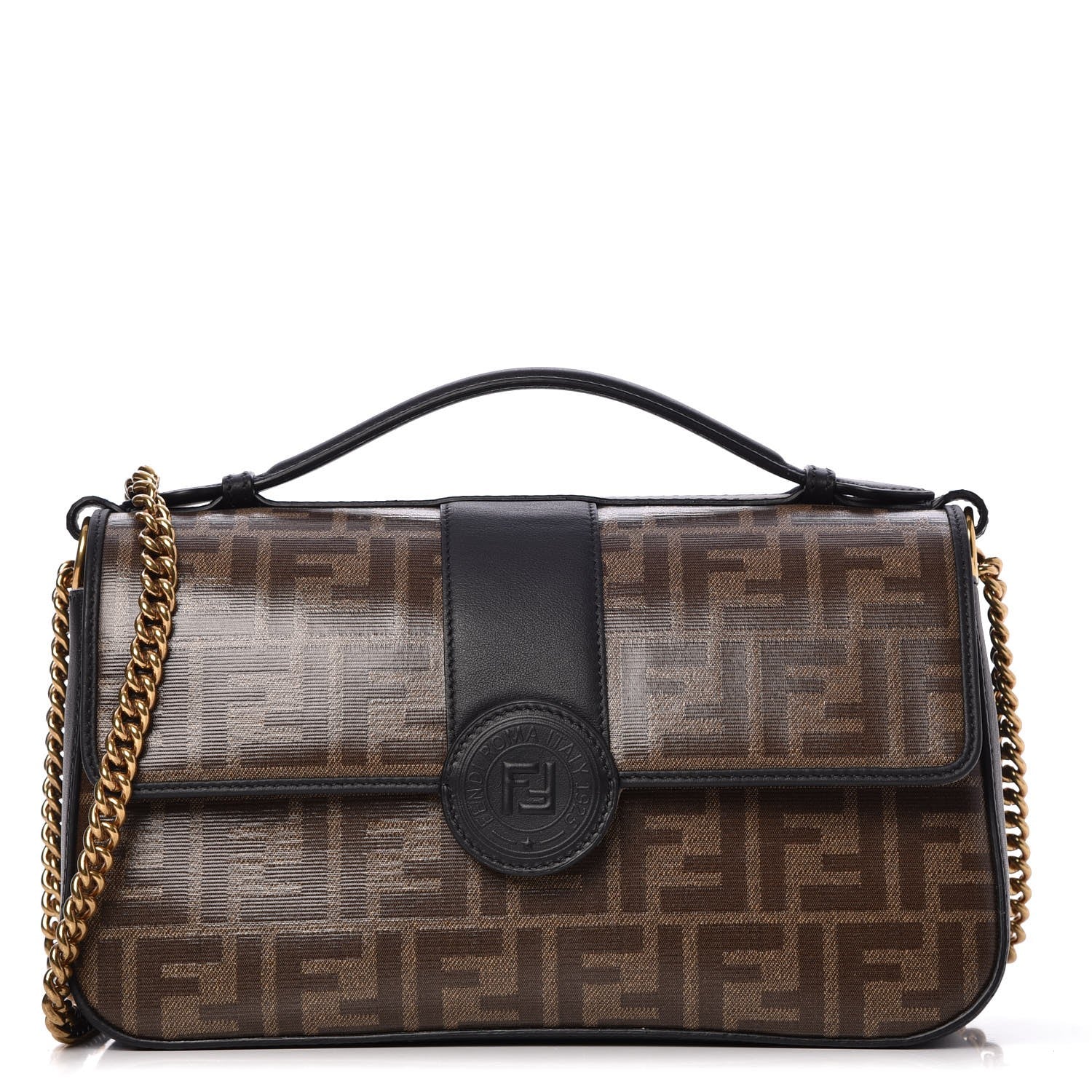 Fendi Vitello Grace Glazed Fabric FF 1974 Double F Shoulder Bag Black Mogano Panna 1 of 6