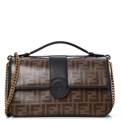 Fendi Vitello Grace Glazed Fabric FF 1974 Double F Shoulder Bag Black Mogano Panna 1 of 6