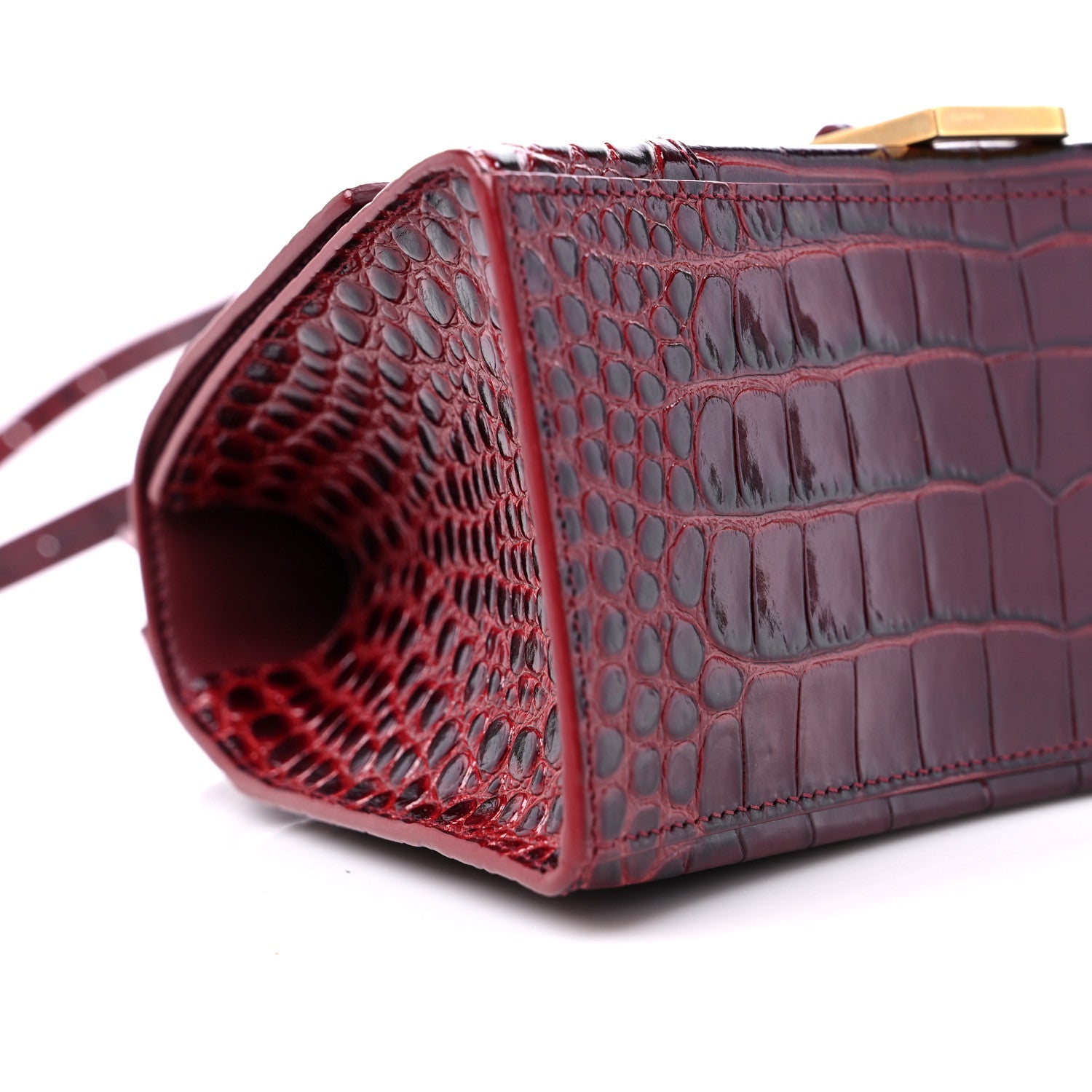 Balenciaga Shiny Calfskin Crocodile Embossed Small Hourglass Top Handle Bag Dark Red 7 of 10