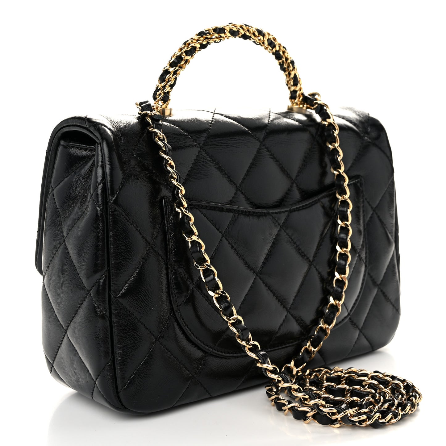 Shiny Lambskin Quilted Twisted Links Top Handle Flap Black