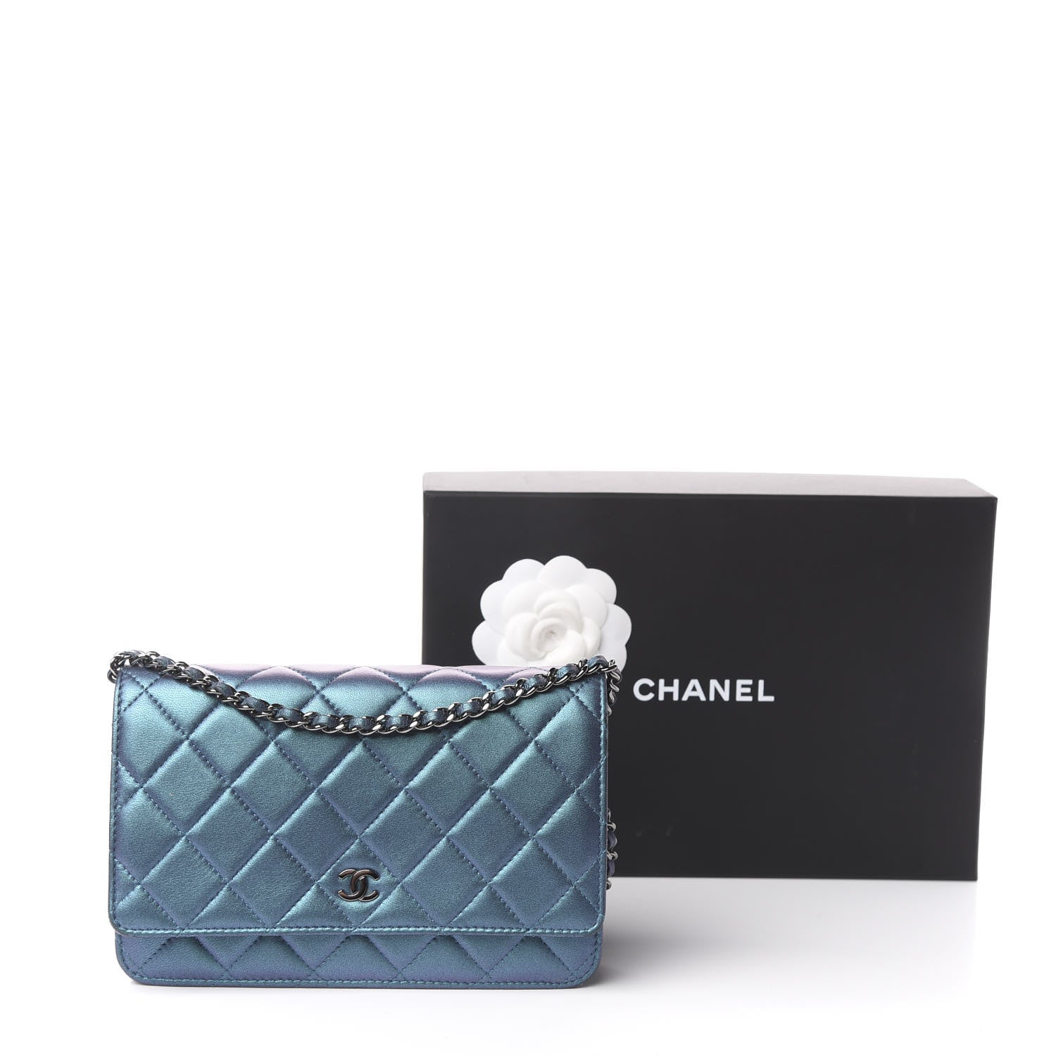 Chanel Metallic Lambskin Wallet On Chain WOC Turquoise 11 of 11