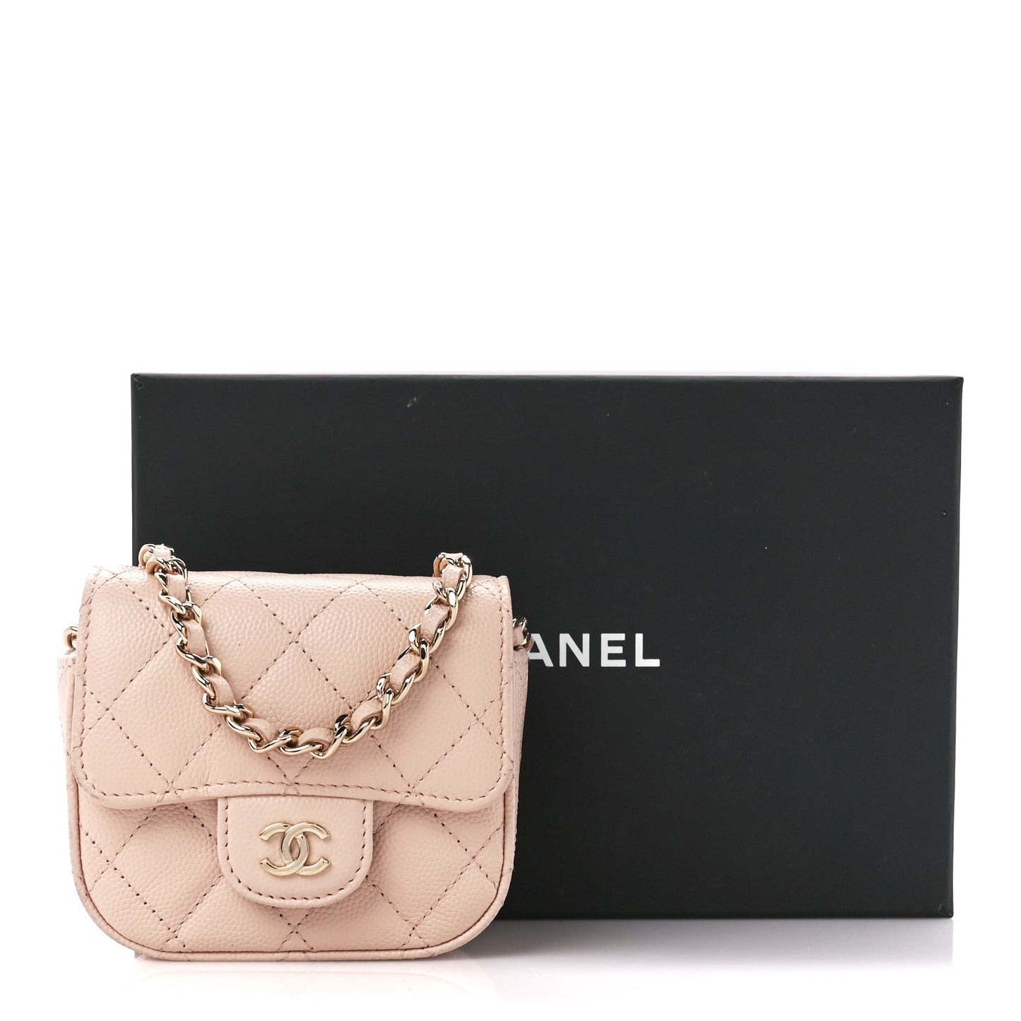 Caviar Quilted Mini Clutch With Chain Light Beige
