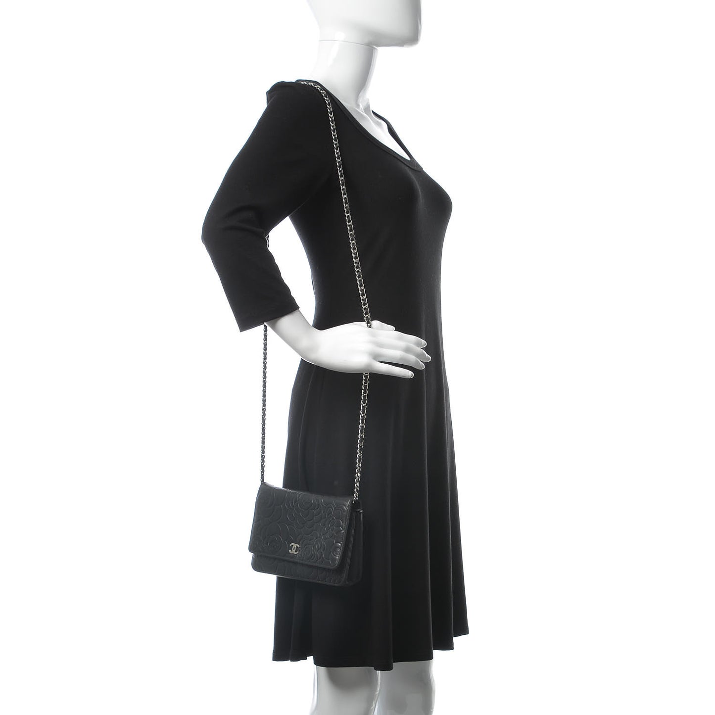 Lambskin Camellia Embossed Wallet on Chain WOC Black