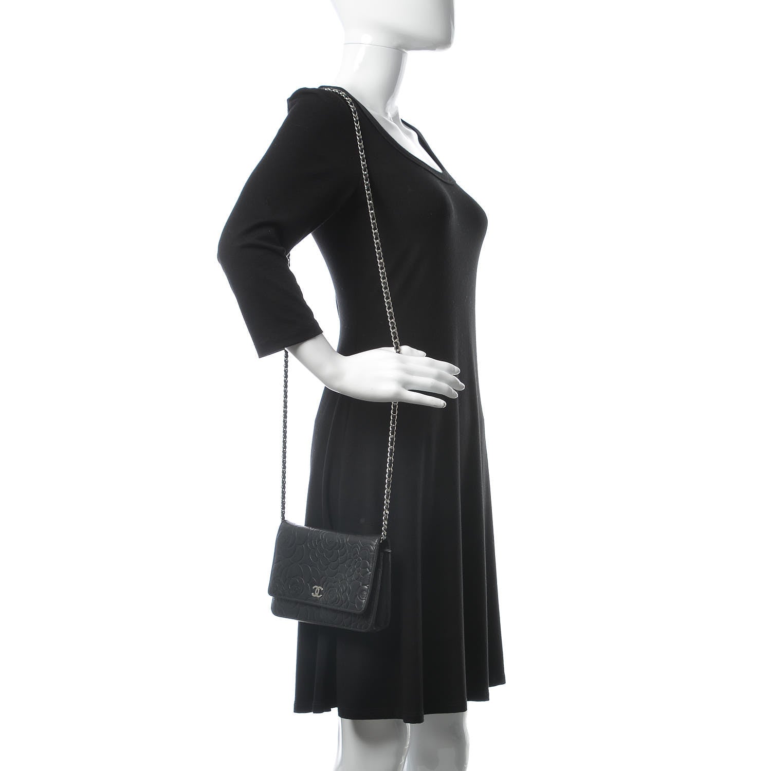 Chanel Lambskin Camellia Embossed Wallet on Chain WOC Black 2 of 11