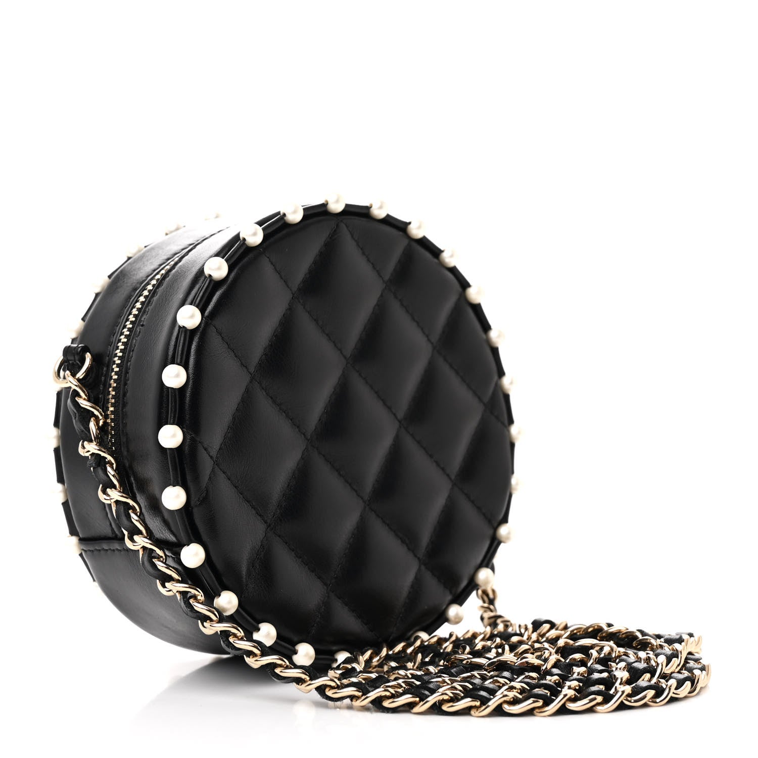 Chanel Calfskin Quilted Pearl Round Clutch With Chain Black 3 of 11
