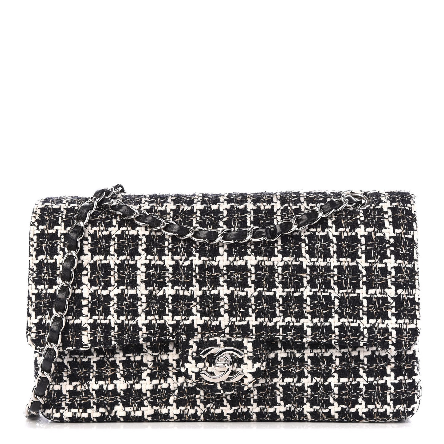 Tweed Quilted Medium Double Flap Black White