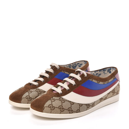 Gucci Suede Monogram Web Womens Falacer Sneakers 40 Nocciola Beige Mystic White Hibiscus Red 3 of 10