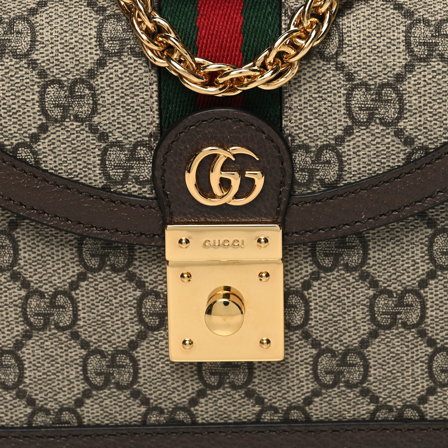 GG Supreme Monogram Textured Dollar Calfskin Web Mini Ophidia Padlock Top Handle Chain Shoulder Bag Beige Ebony New Acero