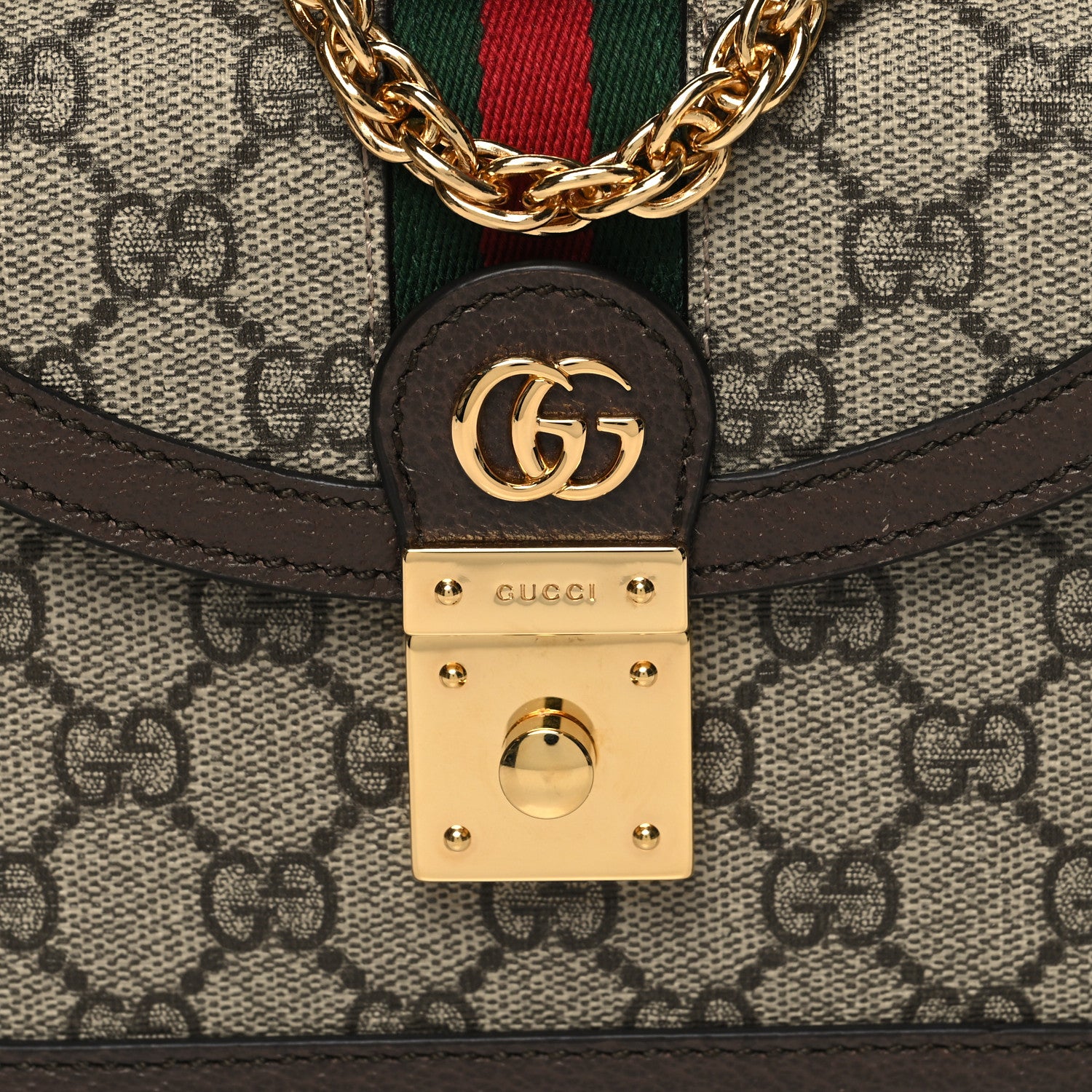 Gucci GG Supreme Monogram Textured Dollar Calfskin Web Mini Ophidia Padlock Top Handle Chain Shoulder Bag Beige Ebony New Acero 7 of 9