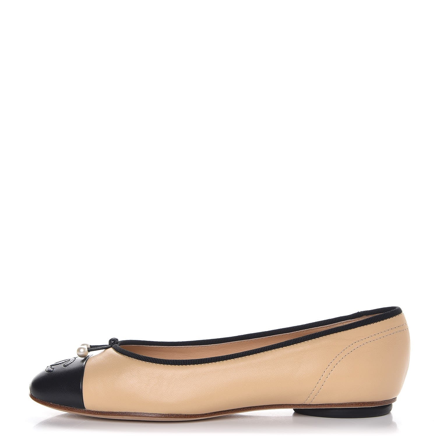 Chanel Lambskin Pearl Cap Toe Ballerina Flats 37.5 Beige Black 1 of 8