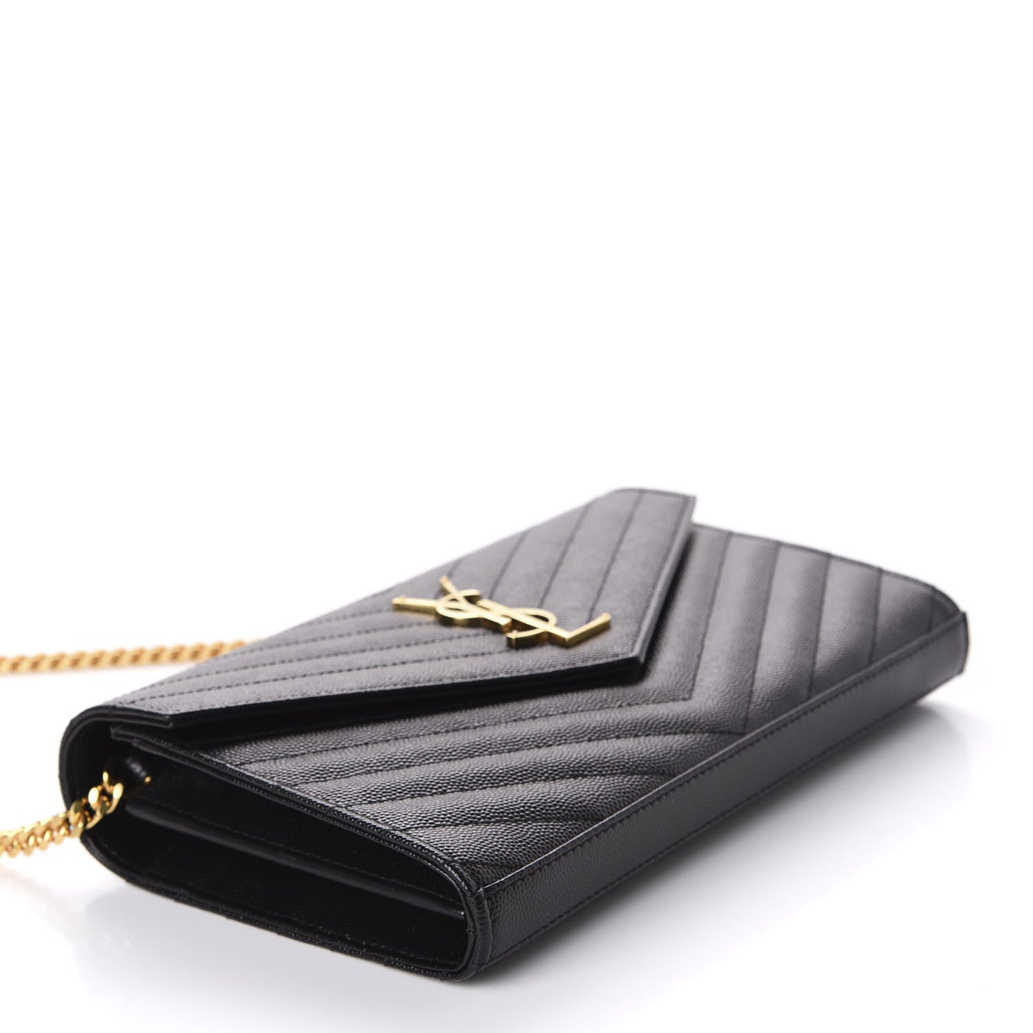 Saint Laurent Grain De Poudre Matelasse Chevron Monogram Chain Wallet Black 4 of 11