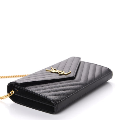 Saint Laurent Grain De Poudre Matelasse Chevron Monogram Chain Wallet Black 4 of 11