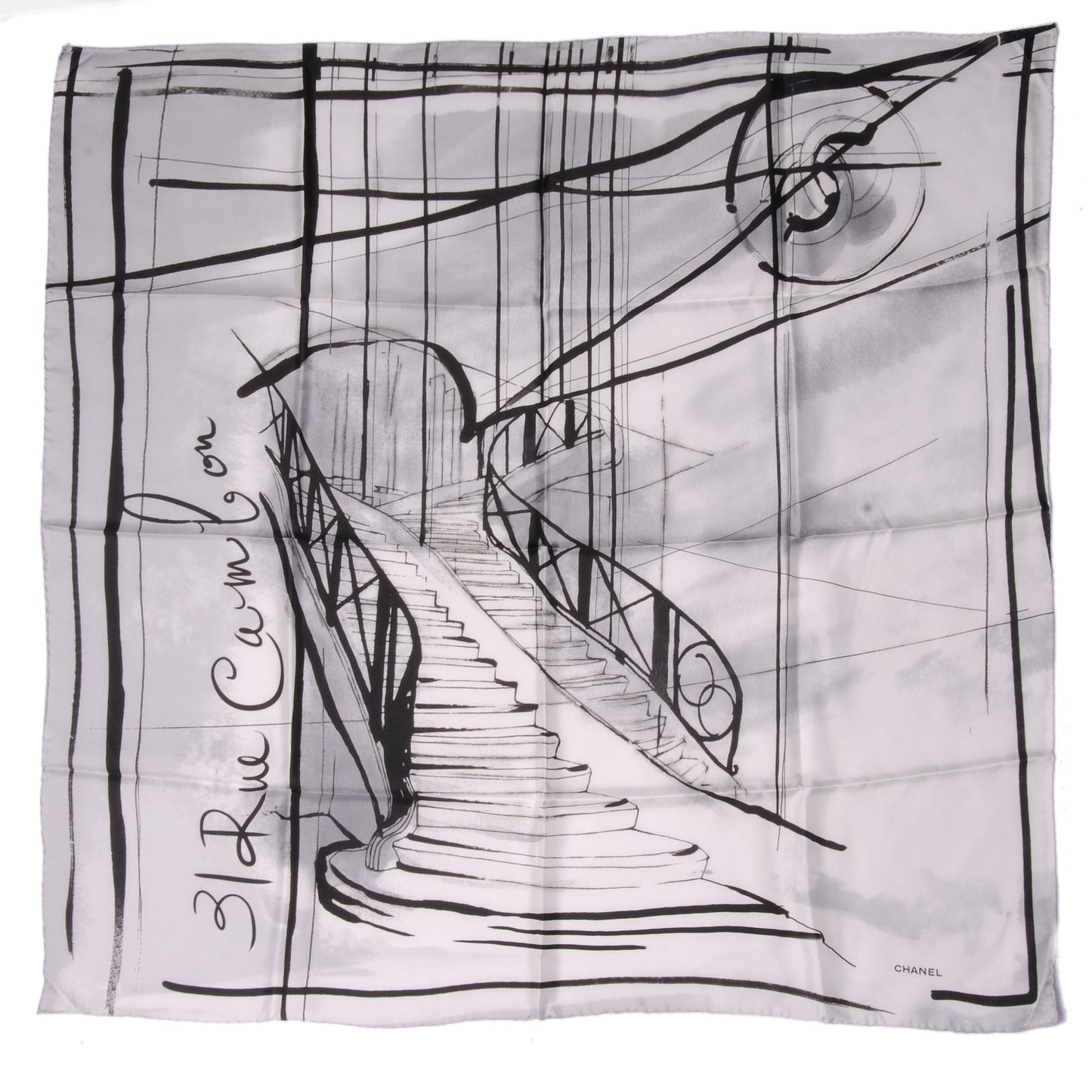Silk Rue Cambon Staircase CC Square Scarf Black White