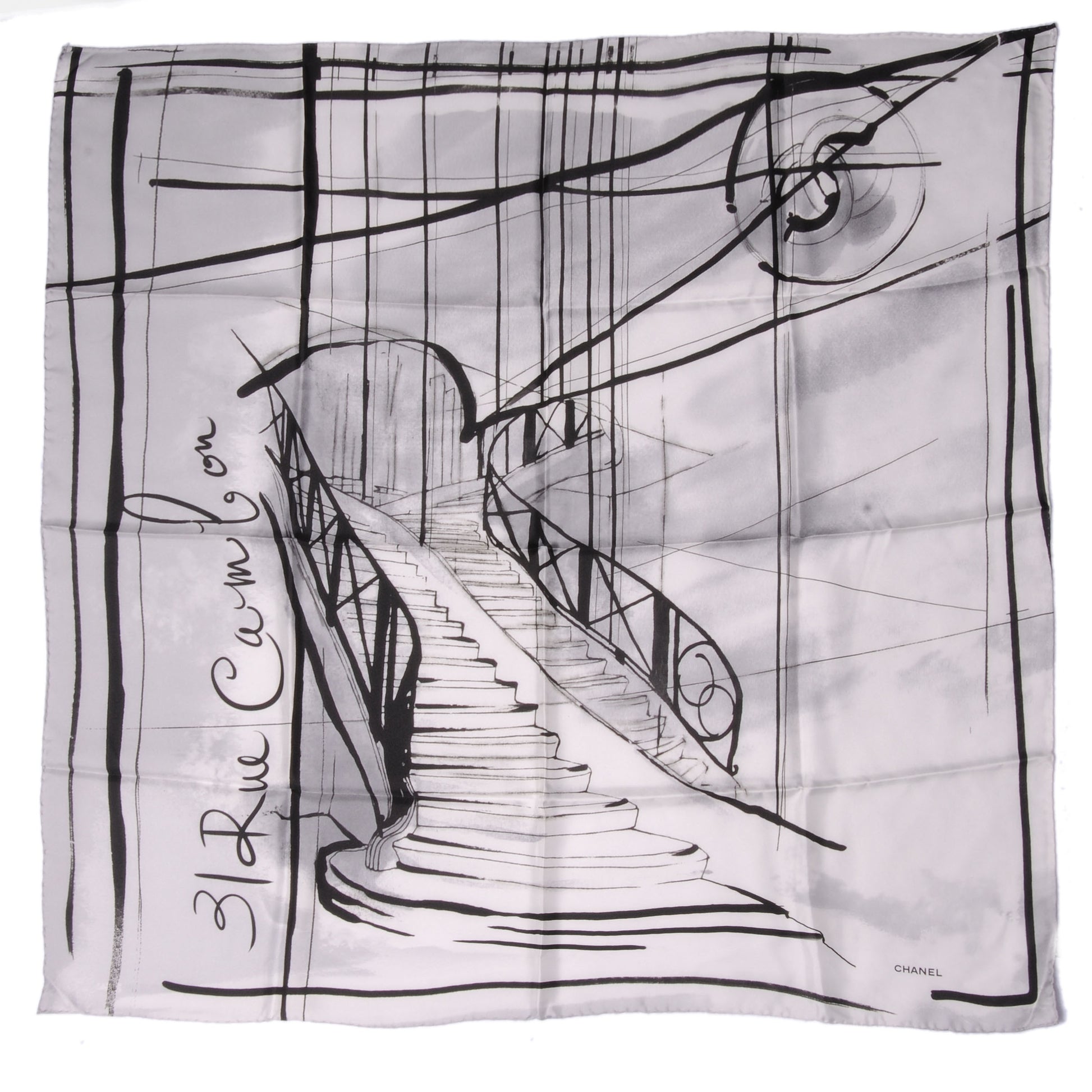 Chanel Silk Rue Cambon Staircase CC Square Scarf Black White 2 of 5