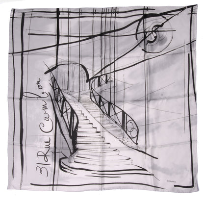 Chanel Silk Rue Cambon Staircase CC Square Scarf Black White 2 of 5