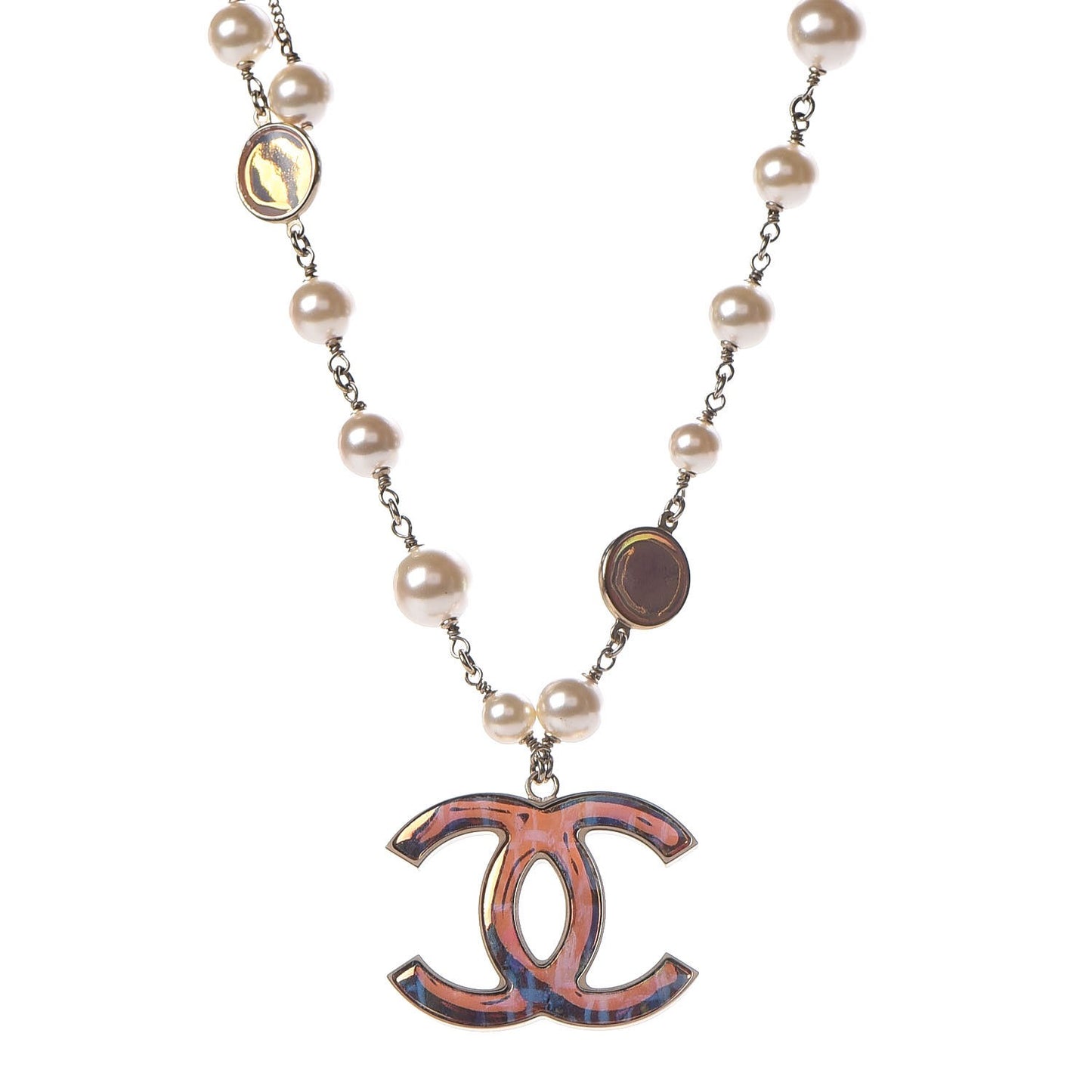 Iridescent Enamel Pearl CC Short Necklace Pink Gold