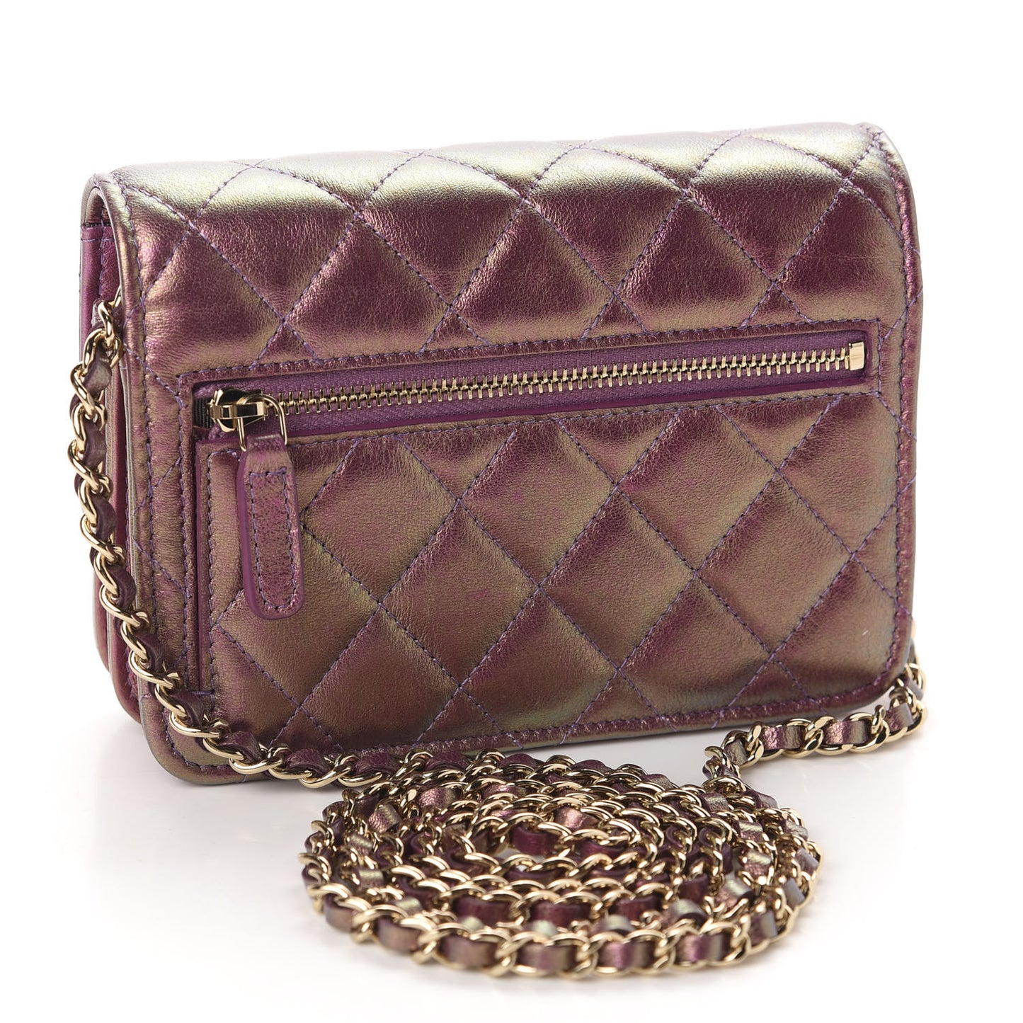 Iridescent Lambskin Quilted Mini Wallet On Chain WOC Purple