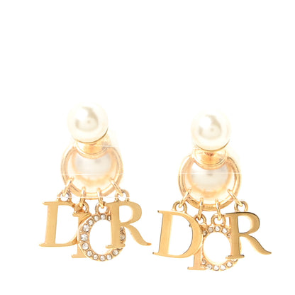 Christian Dior Pearl Crystal Tribal Logo Charms Earrings Gold 1 of 5