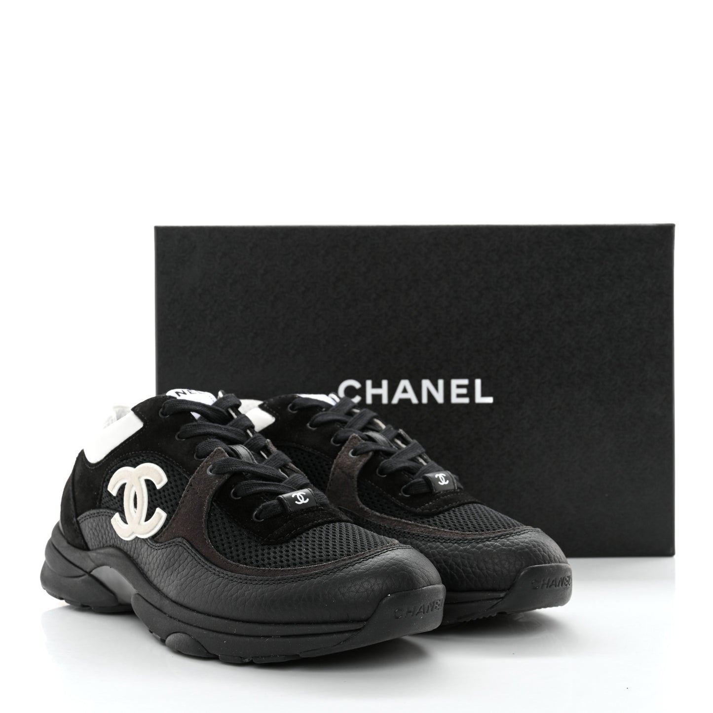 Mesh Suede Grained Calfskin Womens CC Sneakers 39.5 Black White
