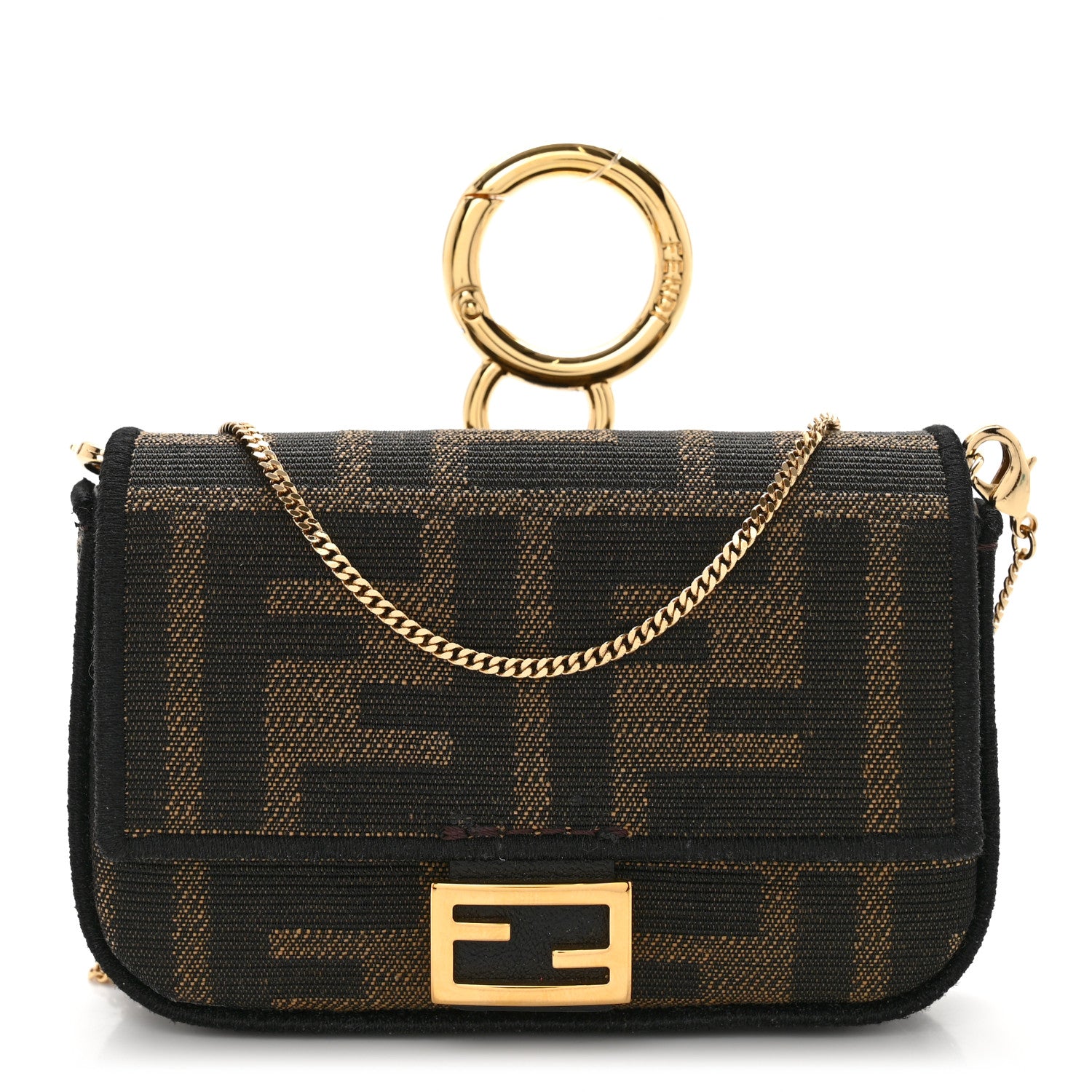 Fendi Fabric Jacquard FF 1974 Nano Baguette Charm Tobacco Moro Black 1 of 9