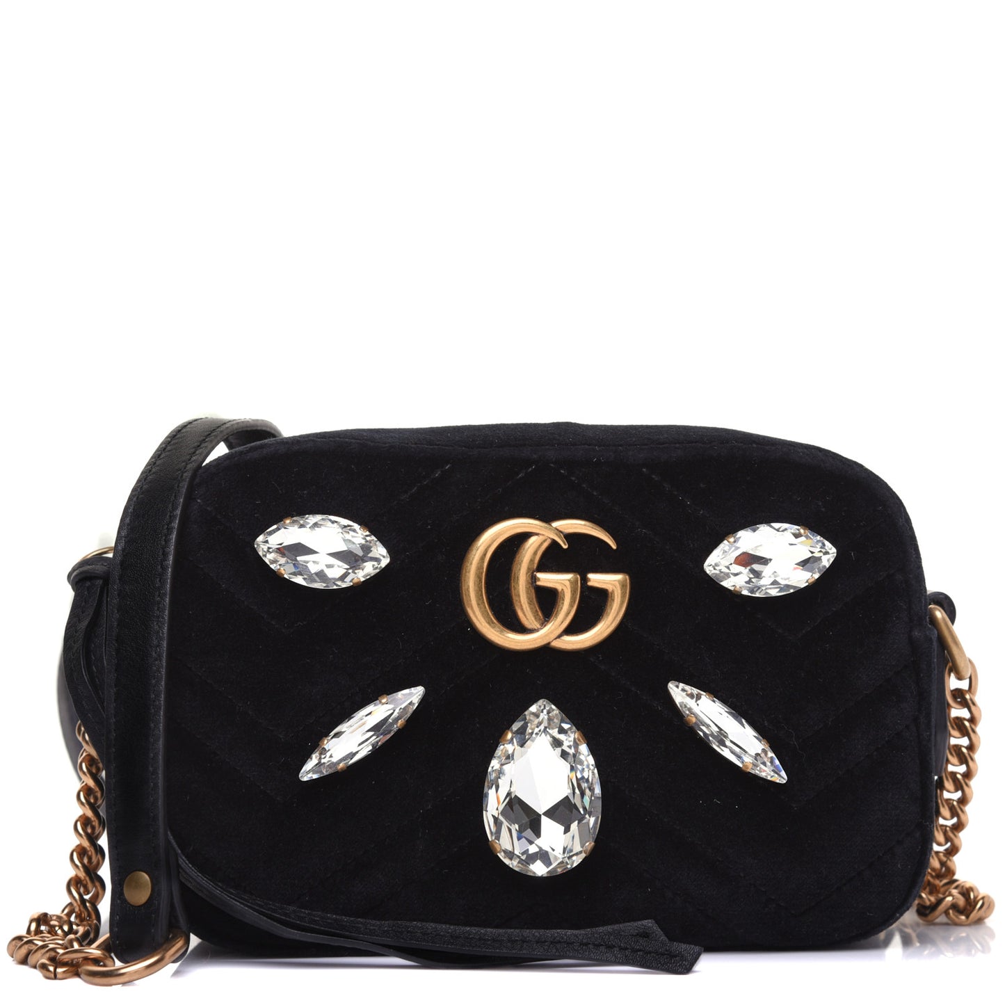 Velvet Matelasse Marquise Crystals Mini GG Marmont Chain Shoulder Bag Black