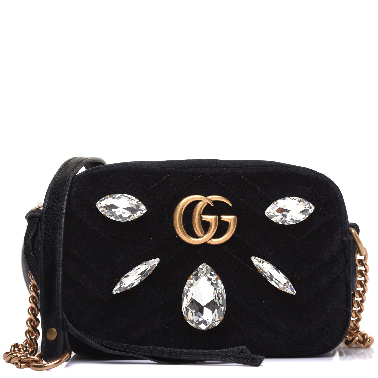 Gucci Velvet Matelasse Marquise Crystals Mini GG Marmont Chain Shoulder Bag Black 1 of 13