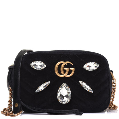 Gucci Velvet Matelasse Marquise Crystals Mini GG Marmont Chain Shoulder Bag Black 1 of 13