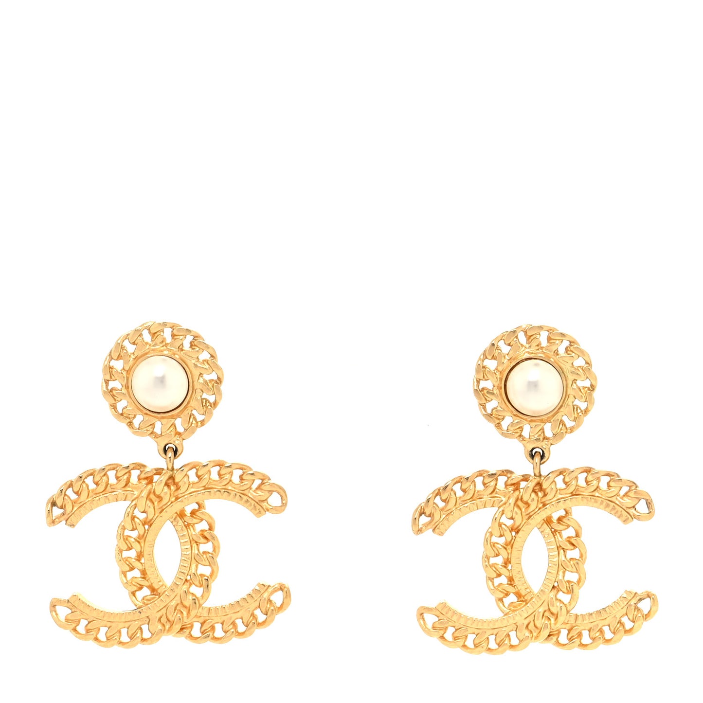 Metal Pearl CC Chain Drop Earrings Gold